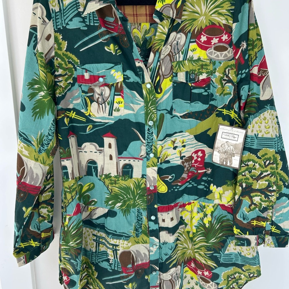 NWT 100% Cotton Print Button-Up Shirt - Teal Multi